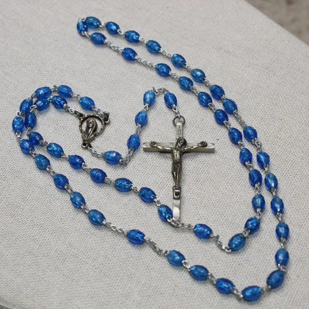 Vintage Rosary Blue Faceted Glass Bead Italy Crucifix Catholic Prayer Necklace